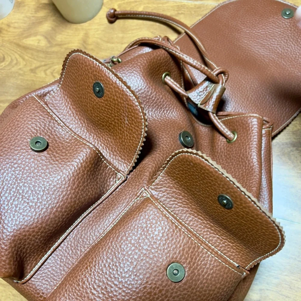 Guess Vintage Brown Leather Drawstring dual Pocket magnetic Closure Backpack Bag